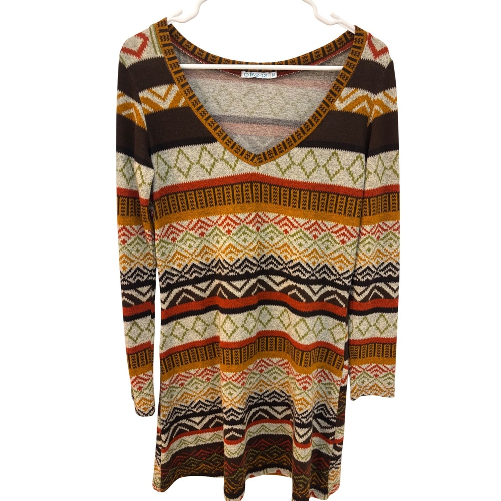 OB2-12 Women's Geometric Sweater Dress Brown Orange Long Sleeve Medium
